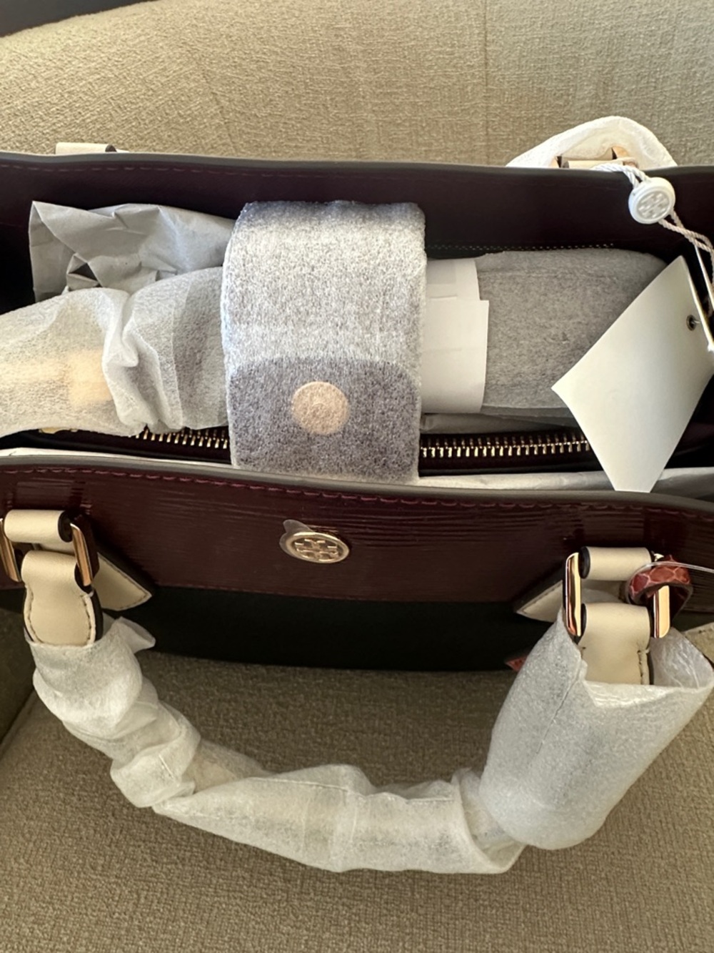 NWT Tory Burch Black and Burgundy Satchel with Tan Handles and Orange Charm - Picture 10 of 12
